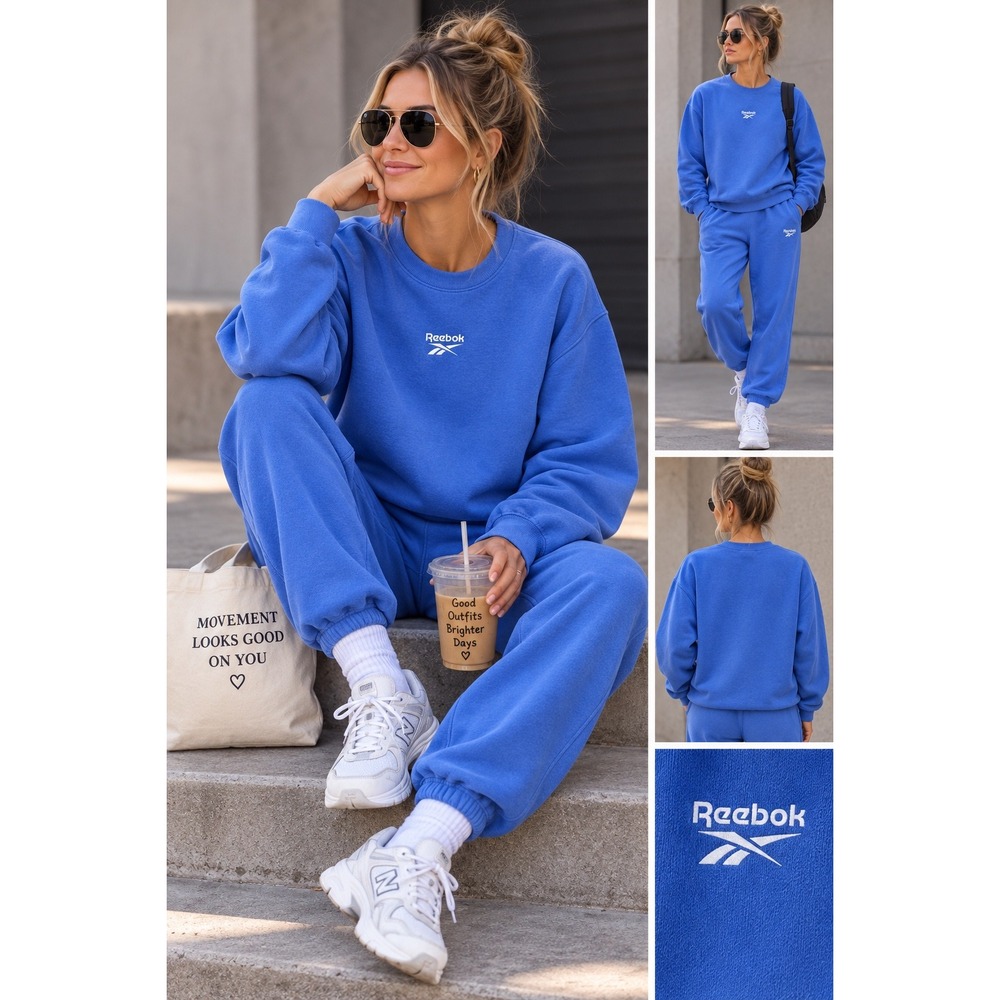 Reebok Womens XL Blue Fleece Crewneck Sweatshirt and Jogger Pants Sweatsuit Set